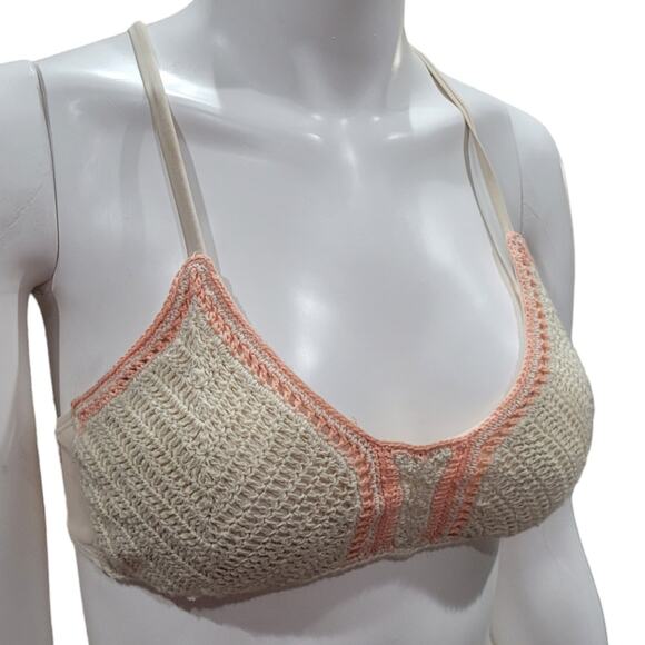 Xhilaration Crochet Bikini Top Medium Boho Embroidered Neutral Peach Trim - Picture 7 of 8
